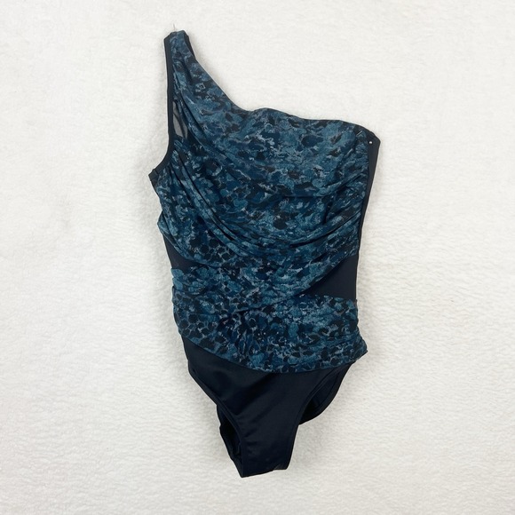 MIRACLESUIT Aqua Blue Black‎ Titania Jena One Shoulder 1 Piece Swim Suit Size 12 - Picture 1 of 6